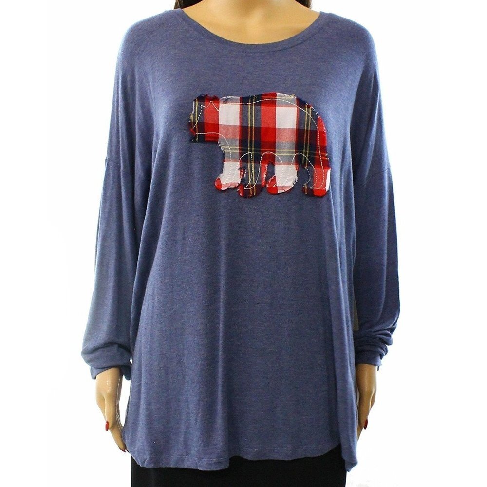 G.H. Bass Womens Plaid Bear Applique Long Sleeve Top Relaxed Fit Casual Small